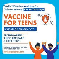 covid-19 Impfstoff verfügbar zum Kinder zwischen 15-18 Jahre alt mit Teenager Junge und Mädchen tragen Sicherheit Maske. vektor