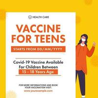 reklam affisch av covid-19 vaccin tillgängliga för barn tonåren mellan 15-18 år ålder i vit och gul Färg. vektor