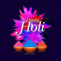 indisch Festival von Farben, glücklich holi Konzept mit glänzend Trockenfarben und bunt spash auf Blau Hintergrund. vektor