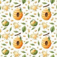 nahtlos Muster mit Honig Tropfen, Bienenstöcke, Blätter. geeignet zum Hintergrund, Stoff, Textil, Papier. vektor