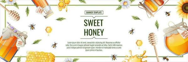 Banner Design mit Krug von Honig, Bienen, Sonnenblumen. Honig Produkte, Honig Geschäft. Illustration zum Banner, Flyer, Poster, Speisekarte. vektor