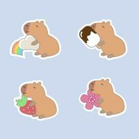 uppsättning av söt capybara håll olika objekt stå på vit bakgrund.vänlig djur- karaktär tecknad serie design.flower, jordgubbar, is grädde, regnbåge, hand ritade. söt. vektor