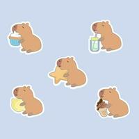 einstellen von süß Capybara halt verschiedene Objekt Stand auf Weiß Hintergrund.freundlich Tier Charakter Karikatur design.lemon, Eis Creme, Limonade, Hand gezeichnet. kawaii. vektor