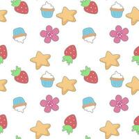 nahtlos Muster mit Sterne, Blumen, Erdbeere, süß Cupcakes und im das Gekritzel kawaii vektor