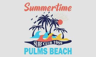 sommartid surfa klubb 1989 pulms strand t-tröjor design. vektor