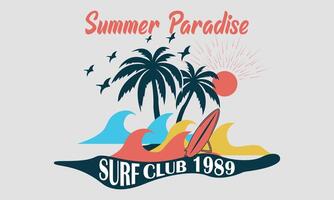 Sommer Surfen Verein 1989 Pulms Strand T-Shirts Design. vektor