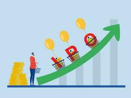 Börsengang, Initiale Öffentlichkeit Angebot. Geschäftsmann suchen zum investieren mit Korb und Geld Münzen mit das Alphabet ipo Reiten auf Grün steigend oben Handel Preis graph.vector vektor