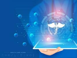 ai medizinisch Konzept mit virtuell caduces Symbol präsentiert durch medizinisch repräsentativ, futuristisch medizinisch Konzept mit Gesundheit Symbole. vektor