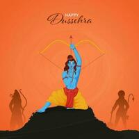 Lycklig Dussehra firande affisch design med hindu mytologi herre rama tar ett syfte, silhuett lakshmana, hanuman på svart och orange bakgrund. vektor