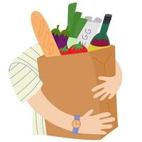 Papier Tasche mit Lebensmittel. Einkaufen beim das Lebensmittelgeschäft shop.bio Frucht, Gemüse und Supermarkt Produkte vektor