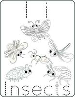 brev ii versal och små bokstäver, söt barn färg insekter, ABC alfabet spårande öva kalkylblad av insekter för barn inlärning engelsk ordförråd, och handstil vektor illustration