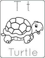brev tt versal och små bokstäver, söt barn färg en sköldpadda, ABC alfabet spårande öva kalkylblad av en sköldpadda för barn inlärning engelsk ordförråd, och handstil vektor illustration