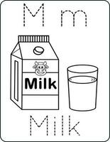 brev mm versal och små bokstäver, söt barn färg mjölk, ABC alfabet spårande öva kalkylblad av mjölk för barn inlärning engelsk ordförråd, och handstil vektor illustration