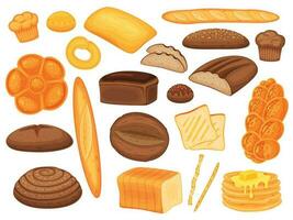 Karikatur Bäckerei Produkte, Brot Laib, Gebäck und Gebäck. Stangenbrot, Muffins, Pfannkuchen, ganze Weizen brot, hausgemacht köstlich Gebäck Vektor einstellen