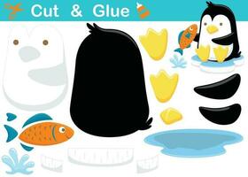 söt pingvin på is bit med en fisk. utbildning papper spel för barn. Skära ut och limning. vektor tecknad serie illustration
