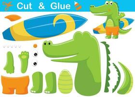 krokodil med surfbräda. utbildning papper spel för barn. Skära ut och limning. vektor tecknad serie illustration
