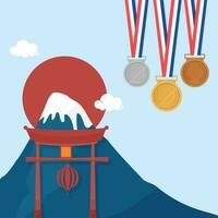 drei Medaille hängen mit Foji Berg, torii und Sonne auf Blau Hintergrund. vektor