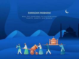Ramadan Mubarak Feier Konzept mit Muslim Menschen halten Moschee, tabuh Bettwanze Trommel auf Blau Wüste Nachtzeit Hintergrund. vektor