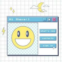 Välkommen fönster med en leende och knappar. estetik av de användare gränssnitt av ett gammal dator. mall för social nätverk.nostalgisk y2k design element. vektor illustration. anteckningsbok ark bakgrund