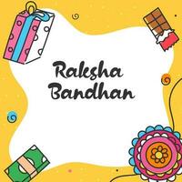 Raksha Bandhan Schriftart mit Gekritzel Stil Geschenk Kasten, Rachi, Geld, Schokolade auf Weiß und Gelb Hintergrund. vektor