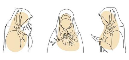 muslim arab kvinna bön. en flicka i en scarf, bön. logotyp ett linje kvinnor hijab scarf. hijab vektor illustration uppsättning.