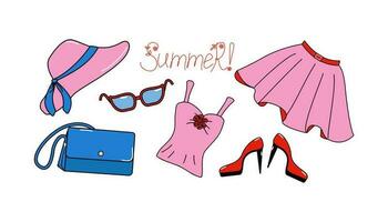 Hut, Rock, T-Shirt, Sonnenbrille, Schuhe und Tasche. einstellen von Sommer- Kleidung. gehen und Party. Kalligraphie, Beschriftung. Vektor Illustration.