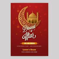 dawat-e-iftar Flyer Design mit golden Halbmond Mond und Moschee auf rot Hintergrund. vektor