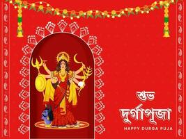 glücklich Durga Puja Text geschrieben im Bengali Sprache mit Hindu Mythologie Göttin Durga maa, Beleuchtung und Blumen- Girlande auf rot Hintergrund. vektor