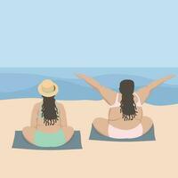 Körper Positivität. zwei glücklich Übergewicht Frauen auf das Strand auf Handtücher durch das Meer vektor
