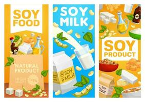 soja mat Produkter, vegetarian mjölk vektor posters