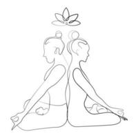 Mann und Frau im Lotus Pose Yoga Meditation Linie Kunst Zeichnung Vektor Illustration.einfach Linie Zeichnung zwei Personen sitzen zurück zu zurück im Lotus Position.Silhouette meditieren Menschen
