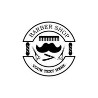 frisör logotyp vektor design, med mustasch, kam, sax i de mitten