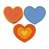 psychedelisch das 70er Jahre Stil Hintergrund mit Vektor Symbol farbig Herz. Rot, Gelb und Blau Lächeln Gesicht. Liebe Thema retro alt.