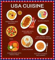 USA Essen Speisekarte, amerikanisch Küche Geschirr und Mahlzeiten vektor