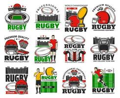 Rugby Meisterschaft, Mannschaft und Ausrüstung Geschäft Symbol vektor