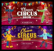 shapito cirkus tecknad serie clowner och gycklare banderoller vektor