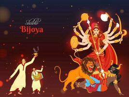 Illustration von Hindu mythologisch Göttin Durga und Tanzen Bengali Männer Charakter auf das Gelegenheit von shubho bijoya. können Sein benutzt wie Banner oder Poster Design. vektor