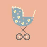 Baby Wagen. süß Baby Kinderwagen mit Blumen- Design. Karikatur eben Vektor Illustration. Babys, Baby Dusche, neugeborenes.vintage Stil. zum Karte, Poster, Drucken, Symbol, Vorlage, Design Element.