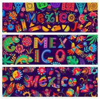 mexikansk banderoller. mat, kameleonter, blommor, fåglar vektor