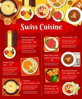 schweizerisch Küche Speisekarte Essen, Mittagessen und Abendessen Mahlzeiten vektor