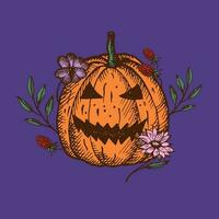 glücklich Halloween. Illustration von das Kopf von ein Kürbis, Pflanzen und Blumen. Komposition zum das Herbst Urlaub. gezeichnet durch Hand. Design Element. zum Karte, Poster, Polygraphie, Vorlage.Vektor vektor