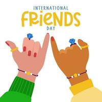 International freunde Tag. zwei freunde mit identisch Schmuck strecken ihr wenig Finger zu jeder andere zu zeigen Einheit und ein Eid. Mädchen versprechen jeder andere Das freunde sind für immer eben Design vektor
