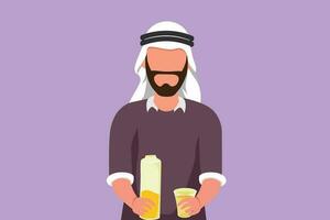 karaktär platt teckning porträtt av arab man innehav flaska av orange juice i ett hand och glas i Övrig hand medan har frukost i morgon. manlig känner törstig. tecknad serie design vektor illustration