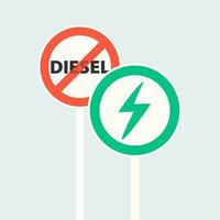 väg tecken förbjuder diesel fordon. röd korsade ut cirkel. väg tecken ger prioritet till elektrisk fordon i en grön cirkel. vektor