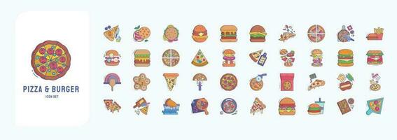 samling av ikoner relaterad till pizza och hamburgare, Inklusive ikoner tycka om pizza, pommes frites, hamburgare, monos och Mer vektor