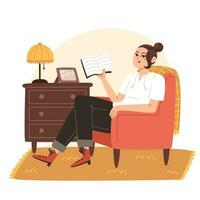 jung Frau Sitzung auf Sessel und lesen Buch beim Zuhause vektor