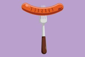 Karikatur eben Stil Zeichnung stilisiert Würstchen auf Gabel Logo, Etikett, Aufkleber, Symbol. gekocht heiß gebraten Wurst. Grill Picknick Vorlage. zum Restaurant oder Cafe Speisekarte. Grafik Design Vektor Illustration