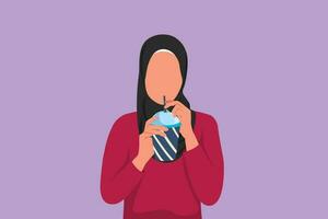 Karikatur eben Stil Zeichnung Porträt von Frau halten Plastik Tasse und trinken Orange Saft im heiß Sommer. beschäftigt Zeit beim Büro Stunde. arabisch weiblich fühlt sich durstig beim arbeiten. Grafik Design Vektor Illustration