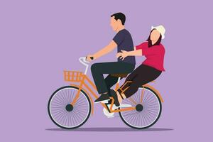 Karikatur eben Stil Zeichnung Seite Aussicht von Paar haben Spaß Reiten auf Fahrrad. romantisch Radfahren Paar halten Hände. Mann und Ehefrau Reiten Fahrrad zusammen auf Hochzeit Tag. Grafik Design Vektor Illustration