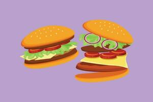 Karikatur eben Stil Zeichnung zwei frisch köstlich amerikanisch Cheeseburger Restaurant Logo Abzeichen. Fast Food Burger Cafe Geschäft Vorlage. schnell Essen Rindfleisch Burger Cafe Geschäft Symbol. Grafik Design Vektor Illustration